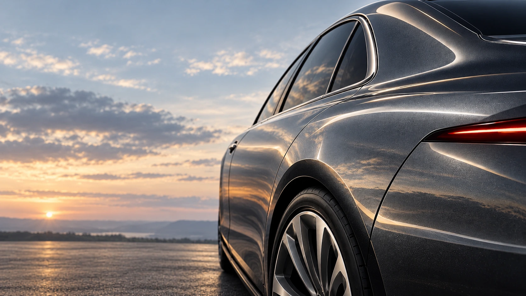 Graphite grey automotive finish beneath an open evening sky